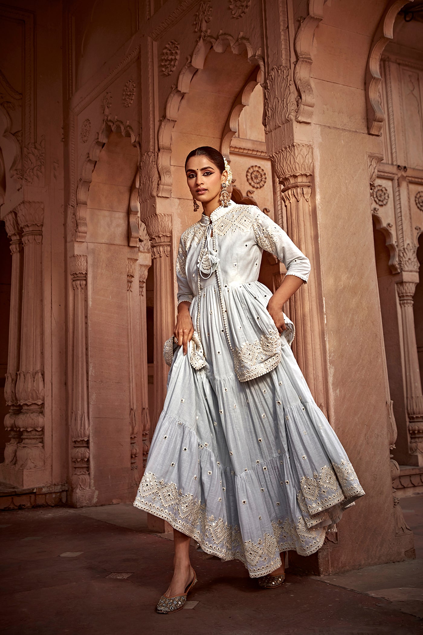Preevin Ice Blue Diamond Jacket With Anarkali indian designer wear online shopping melange singapore