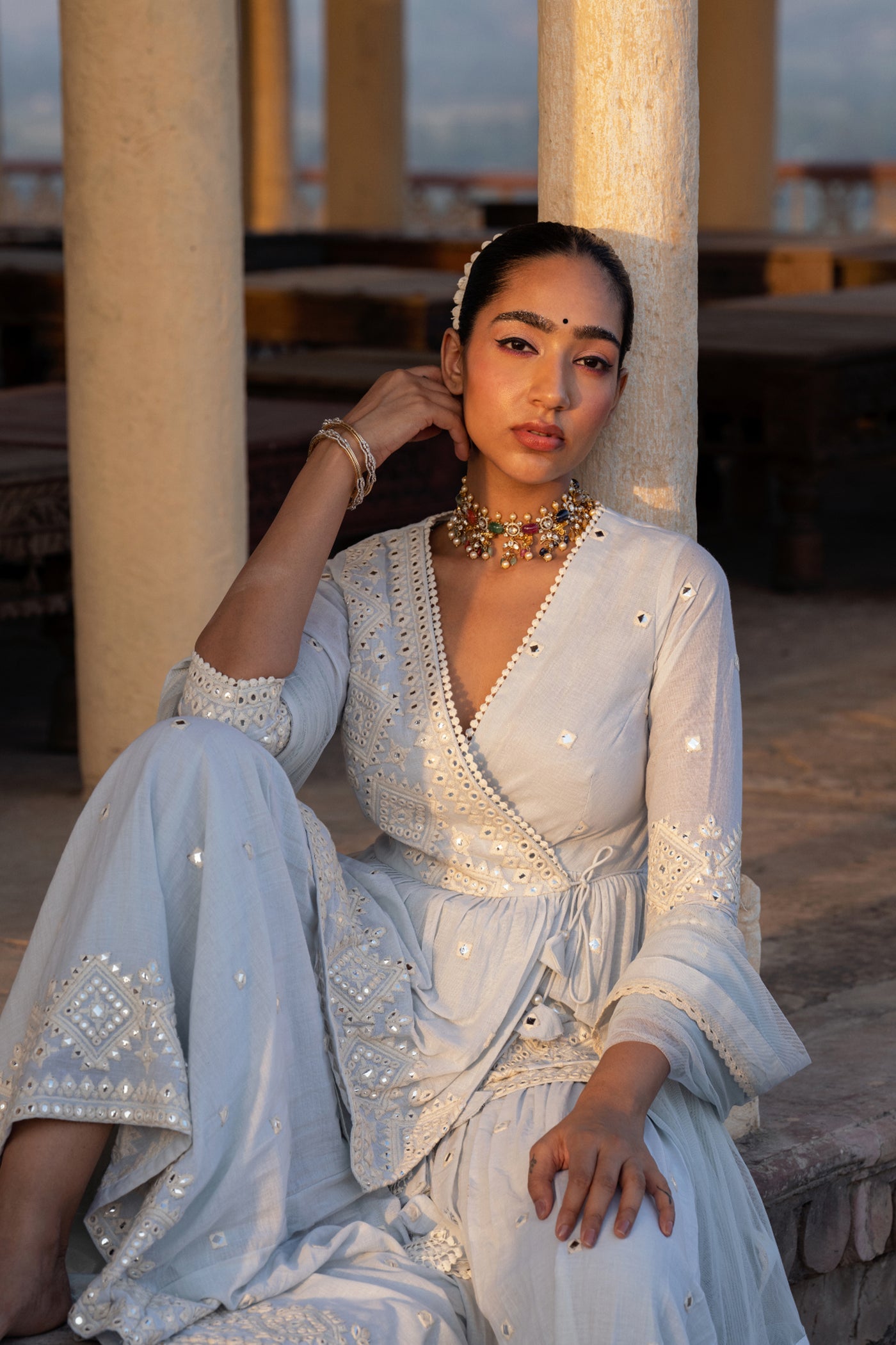 Preevin Ice Blue Diamond Peplum Sharara indian designer wear online shopping melange singapore
