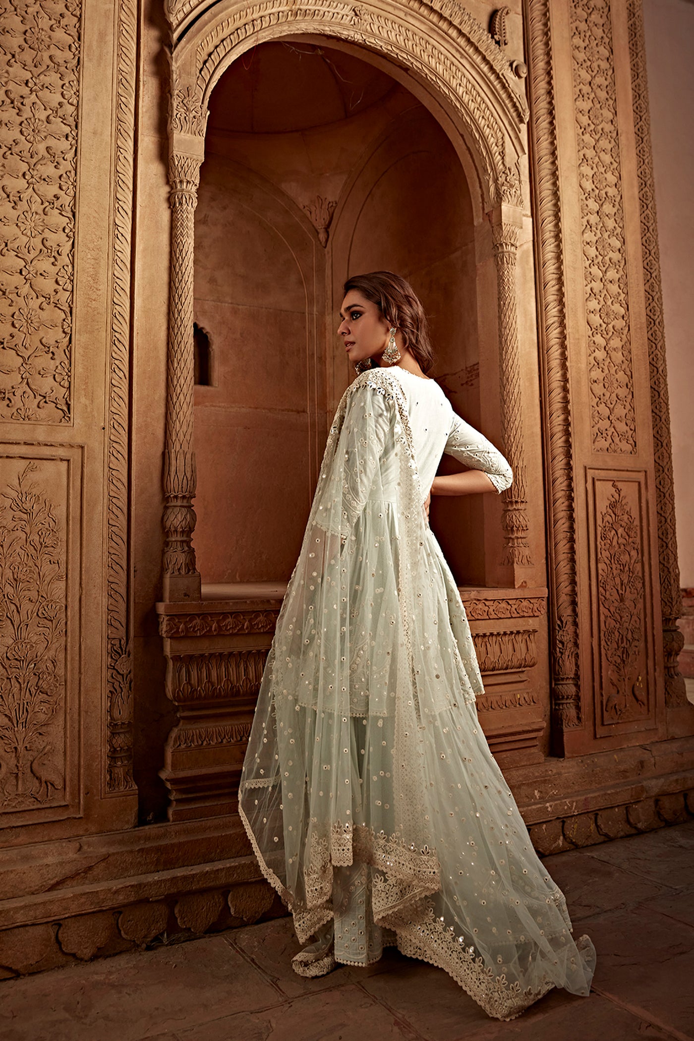 Preevin Ice Blue Double Layer All Over Barfi Embroidered Angrakha indian designer wear online shopping melange singapore