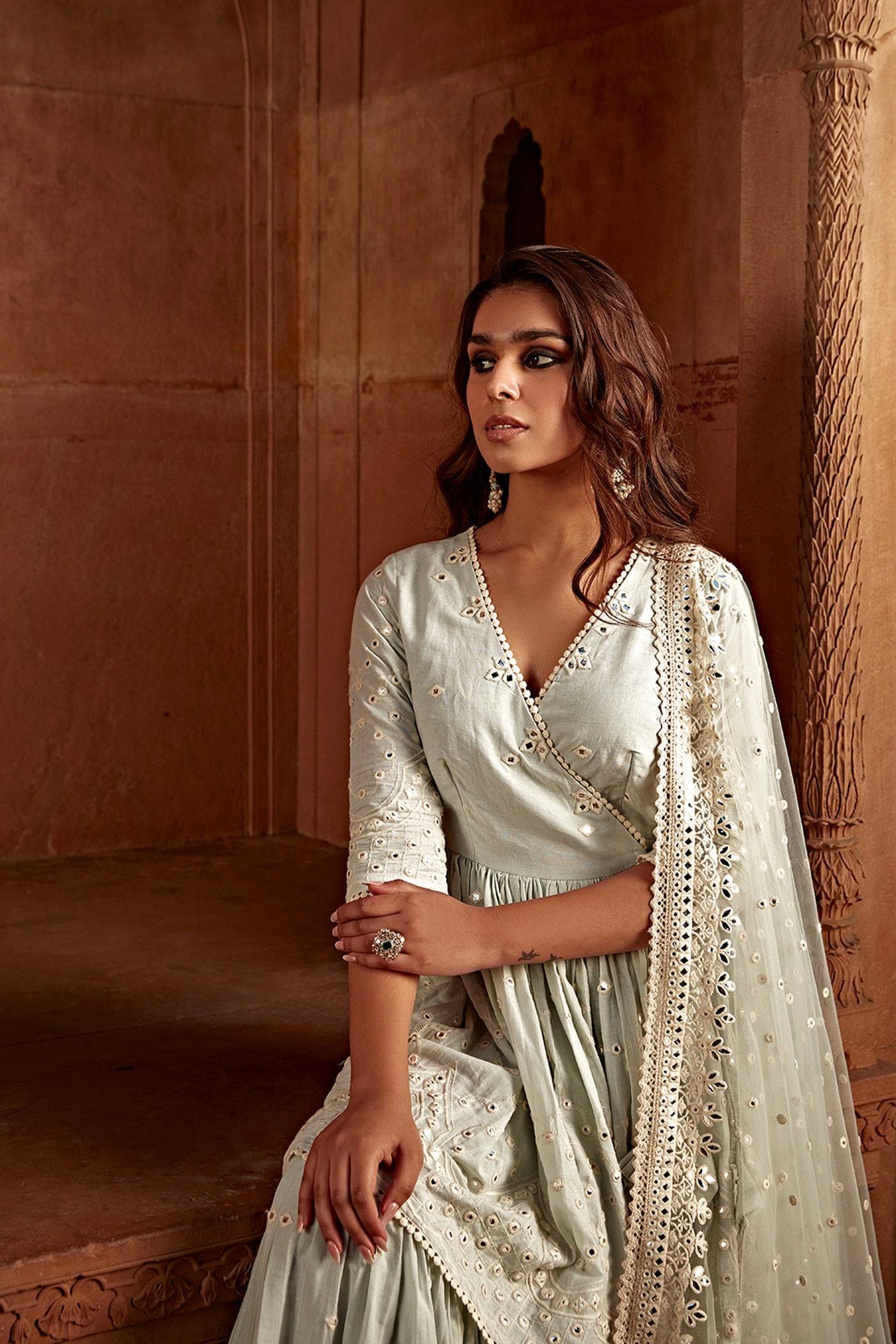 Preevin Ice Blue Double Layer All Over Barfi Embroidered Angrakha indian designer wear online shopping melange singapore