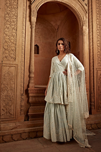 Preevin Ice Blue Double Layer All Over Barfi Embroidered Angrakha indian designer wear online shopping melange singapore