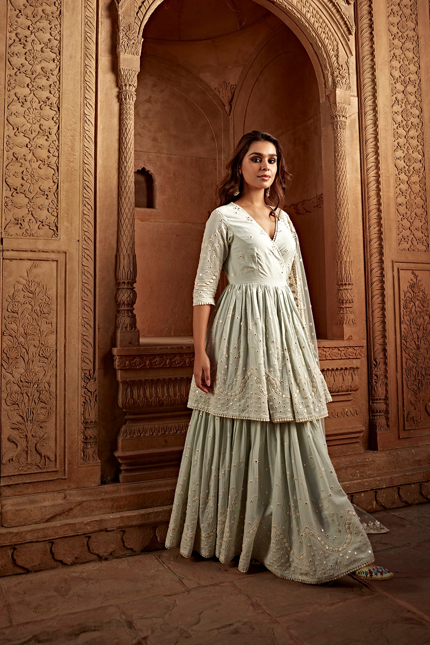 Preevin Ice Blue Double Layer All Over Barfi Embroidered Angrakha indian designer wear online shopping melange singapore