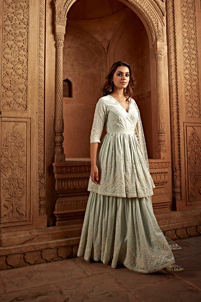 Preevin Ice Blue Double Layer All Over Barfi Embroidered Angrakha indian designer wear online shopping melange singapore