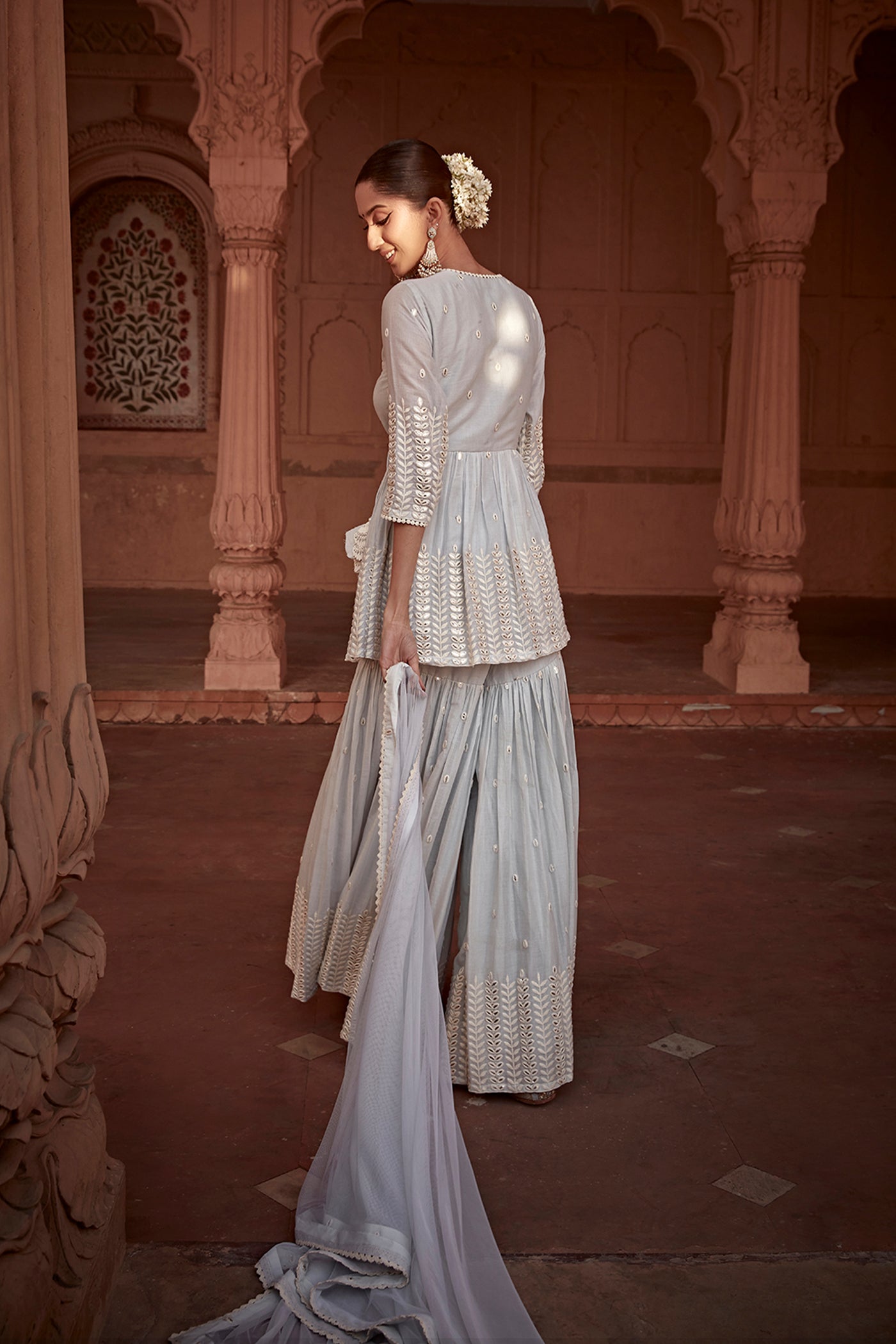 Preevin Ice Blue Leaf Peplum Sharara indian designer wear online shopping melange singapore
