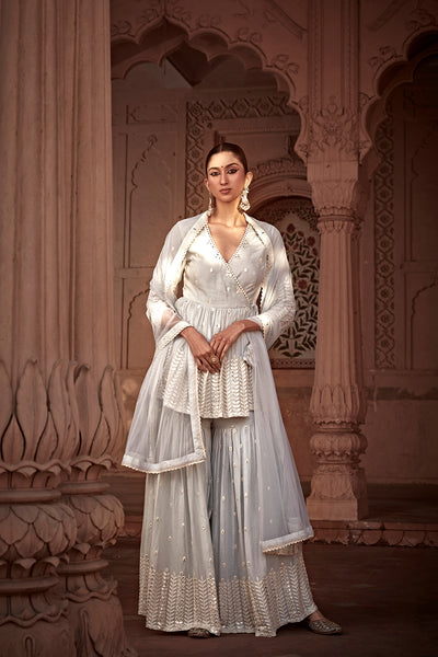 Preevin Ice Blue Leaf Peplum Sharara indian designer wear online shopping melange singapore