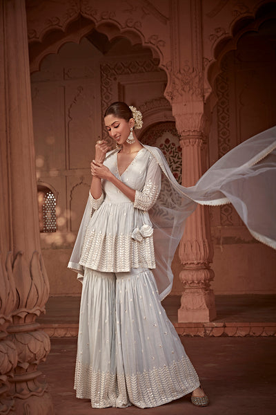 Preevin Ice Blue Leaf Peplum Sharara indian designer wear online shopping melange singapore