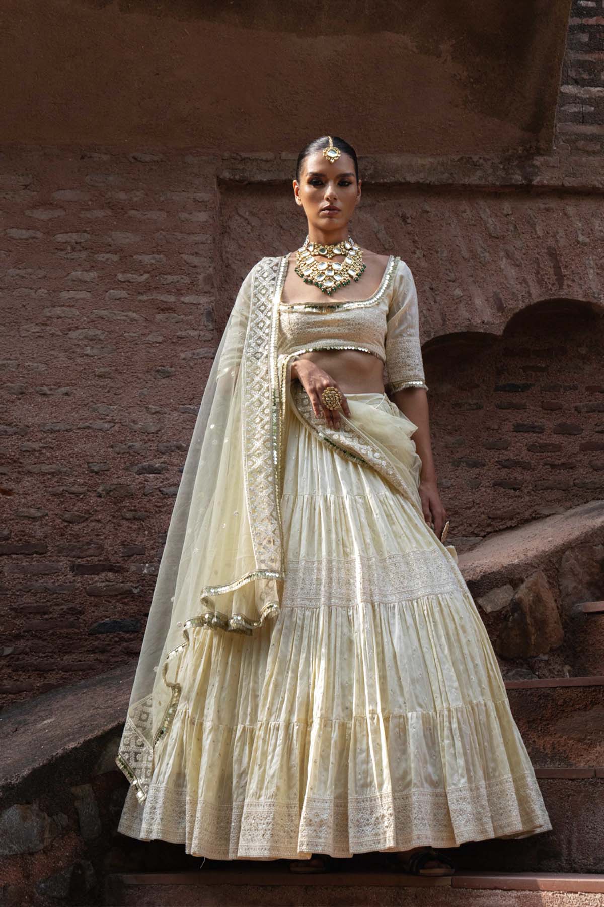 Preevin Lemon Big Border Lehenga With Embroidered Dupatta indian designer wear online shopping melange singapore 