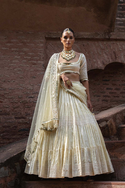 Preevin Lemon Big Border Lehenga With Embroidered Dupatta indian designer wear online shopping melange singapore 
