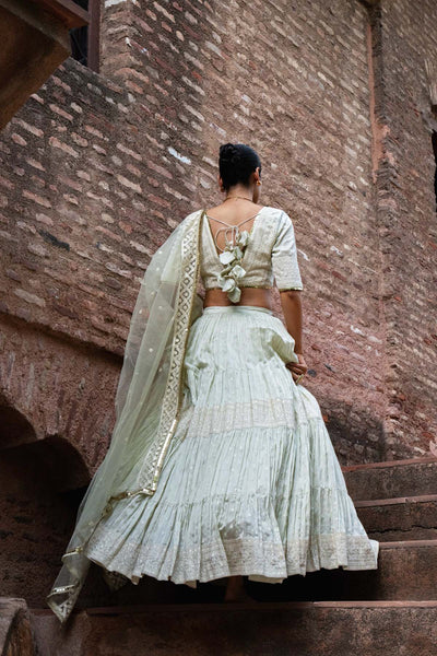 Preevin Mint Big Border Lehenga With Embroidered Dupatta indian designer wear online shopping melange singapore 