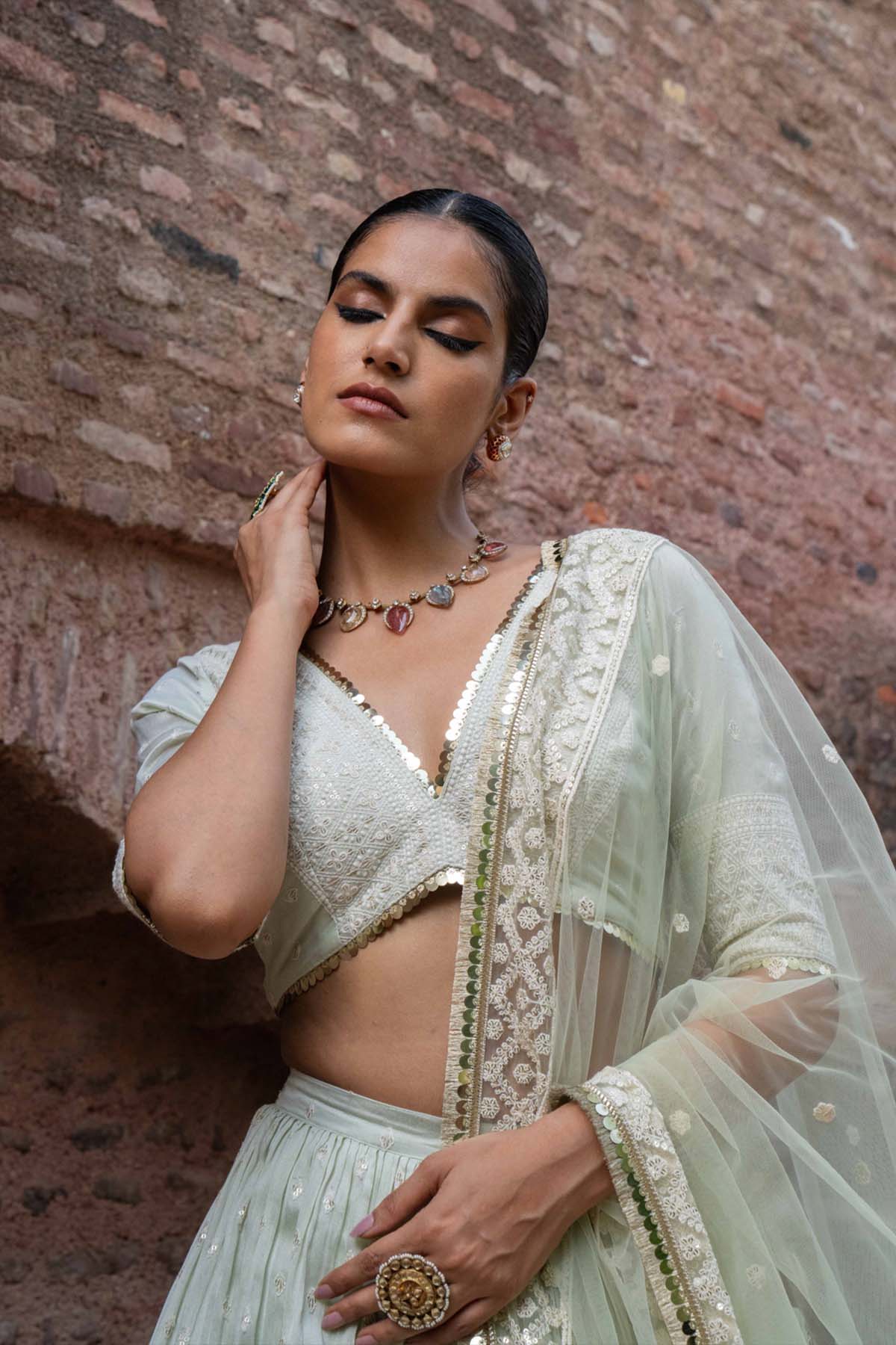 Preevin Mint Big Border Lehenga With Embroidered Dupatta indian designer wear online shopping melange singapore 