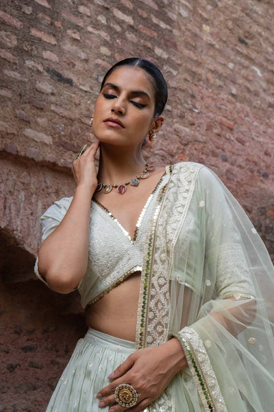 Preevin Mint Big Border Lehenga With Embroidered Dupatta indian designer wear online shopping melange singapore 