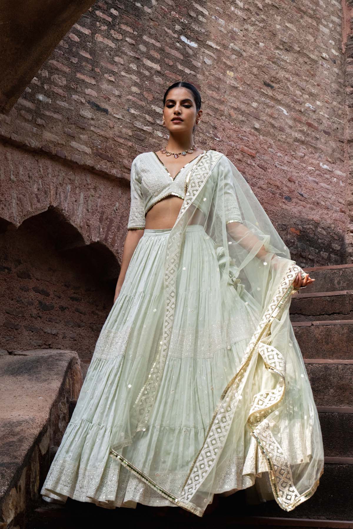 Preevin Mint Big Border Lehenga With Embroidered Dupatta indian designer wear online shopping melange singapore 