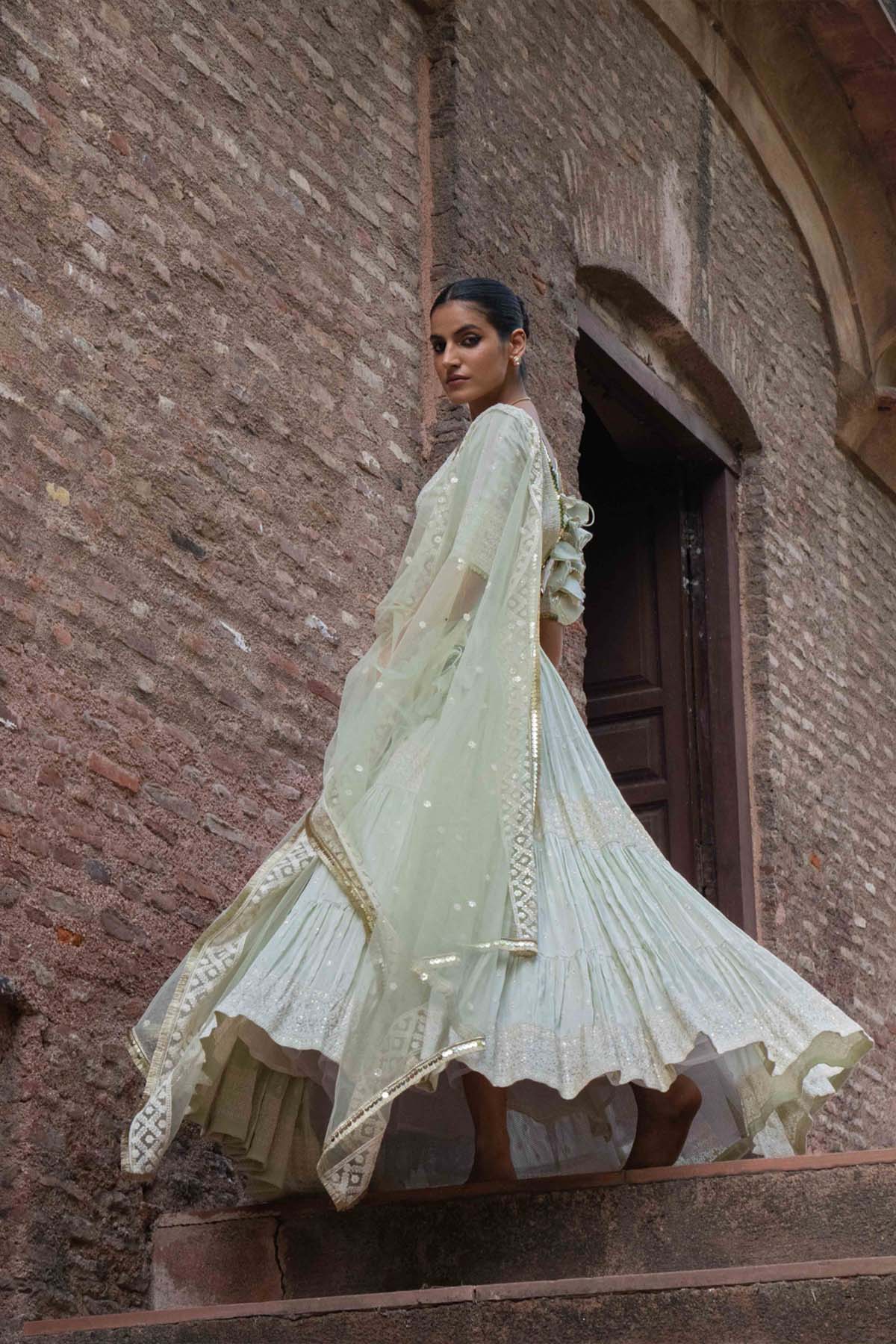 Preevin Mint Big Border Lehenga With Embroidered Dupatta indian designer wear online shopping melange singapore 