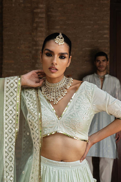 Preevin Mint Forest Lehenga With Embroidered Dupatta indian designer wear online shopping melange singapore 