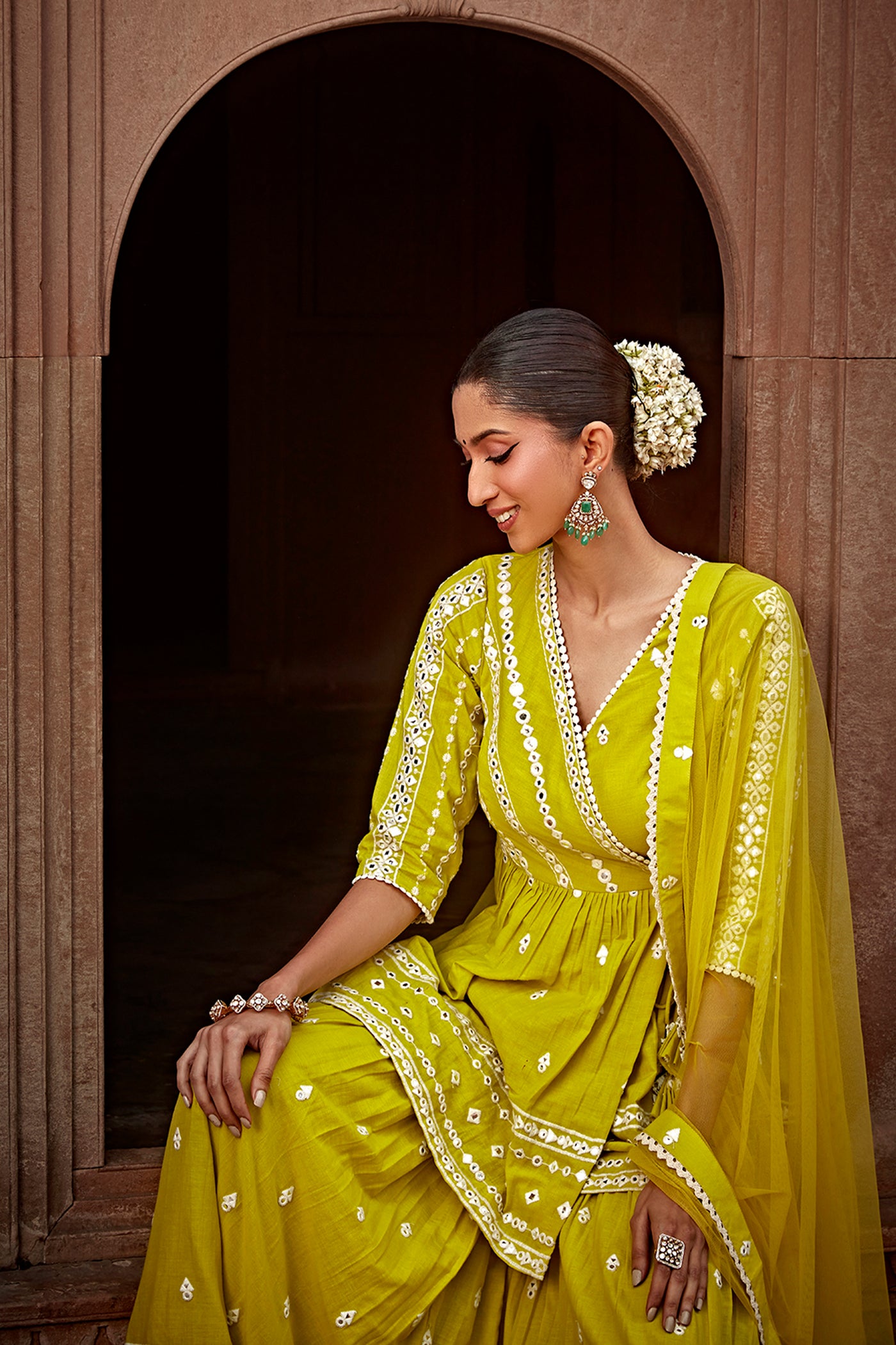 Preevin Neon Green All Three Peplum Sharara indian designer wear online shopping melange singapore