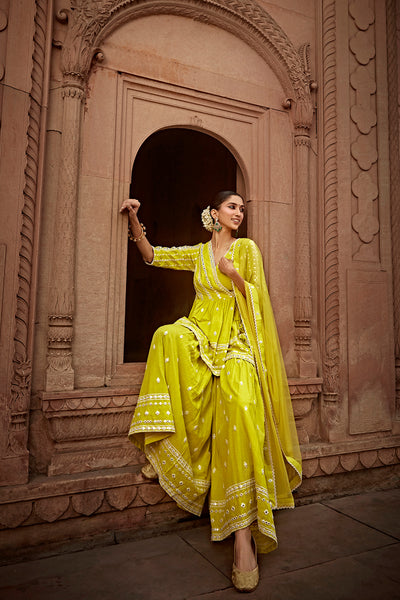 Preevin Neon Green All Three Peplum Sharara indian designer wear online shopping melange singapore