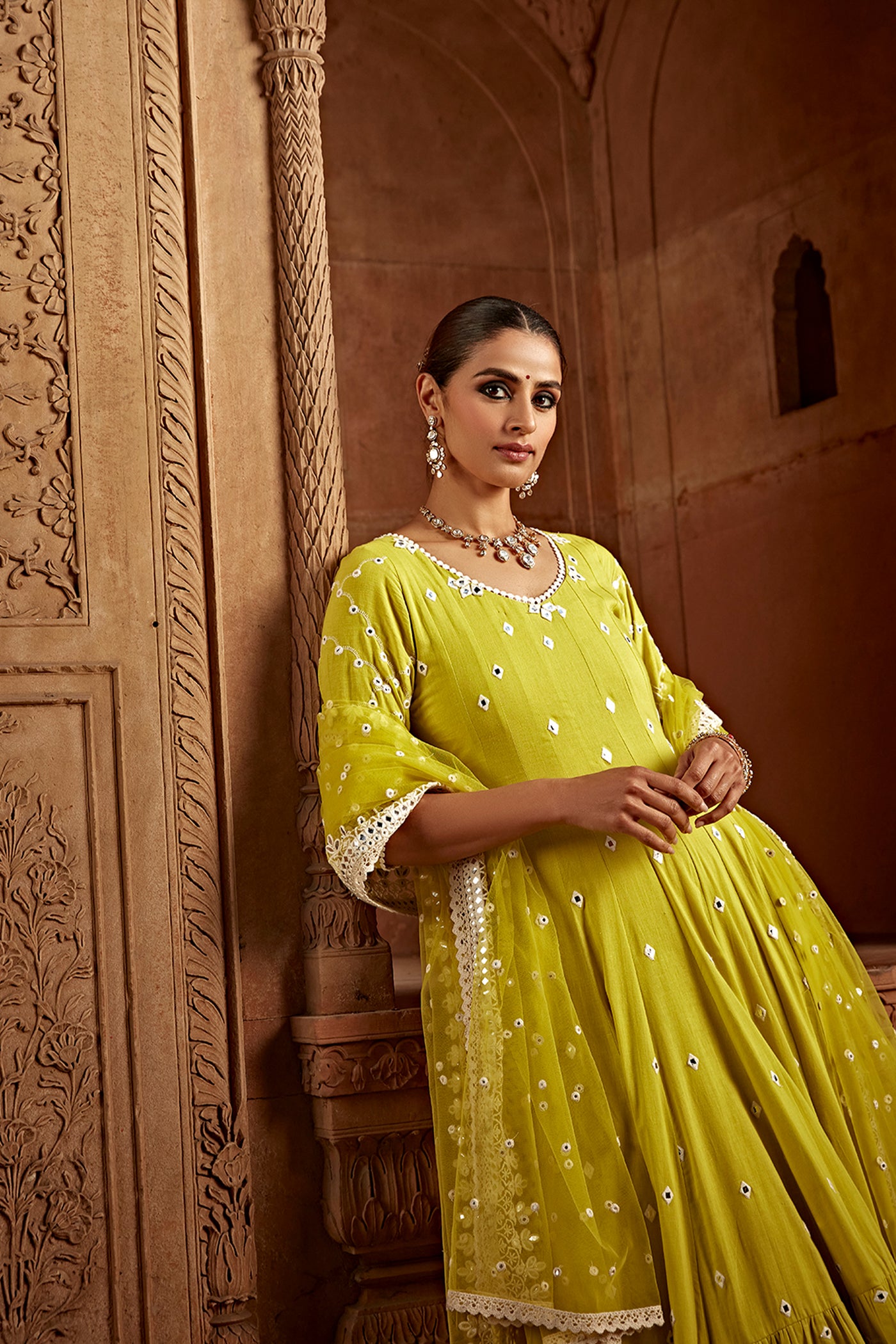 Preevin Neon Green Barfi Anarkali with Embroidered Dupatta indian designer wear online shopping melange singapore