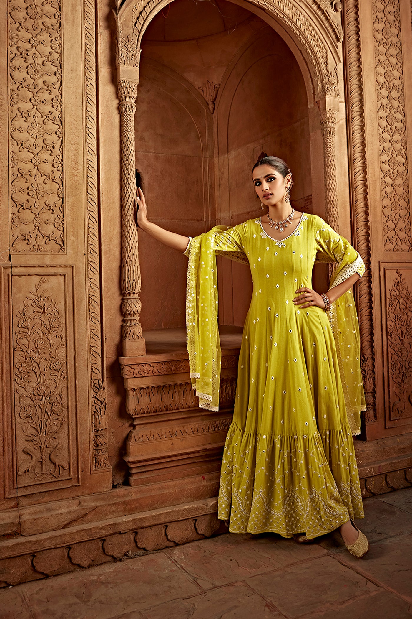 Neon Green Barfi Anarkali with Embroidered Dupatta Melange Singapore Neon Green Barfi Anarkali with Embroidered Dupatta Melange Singapore