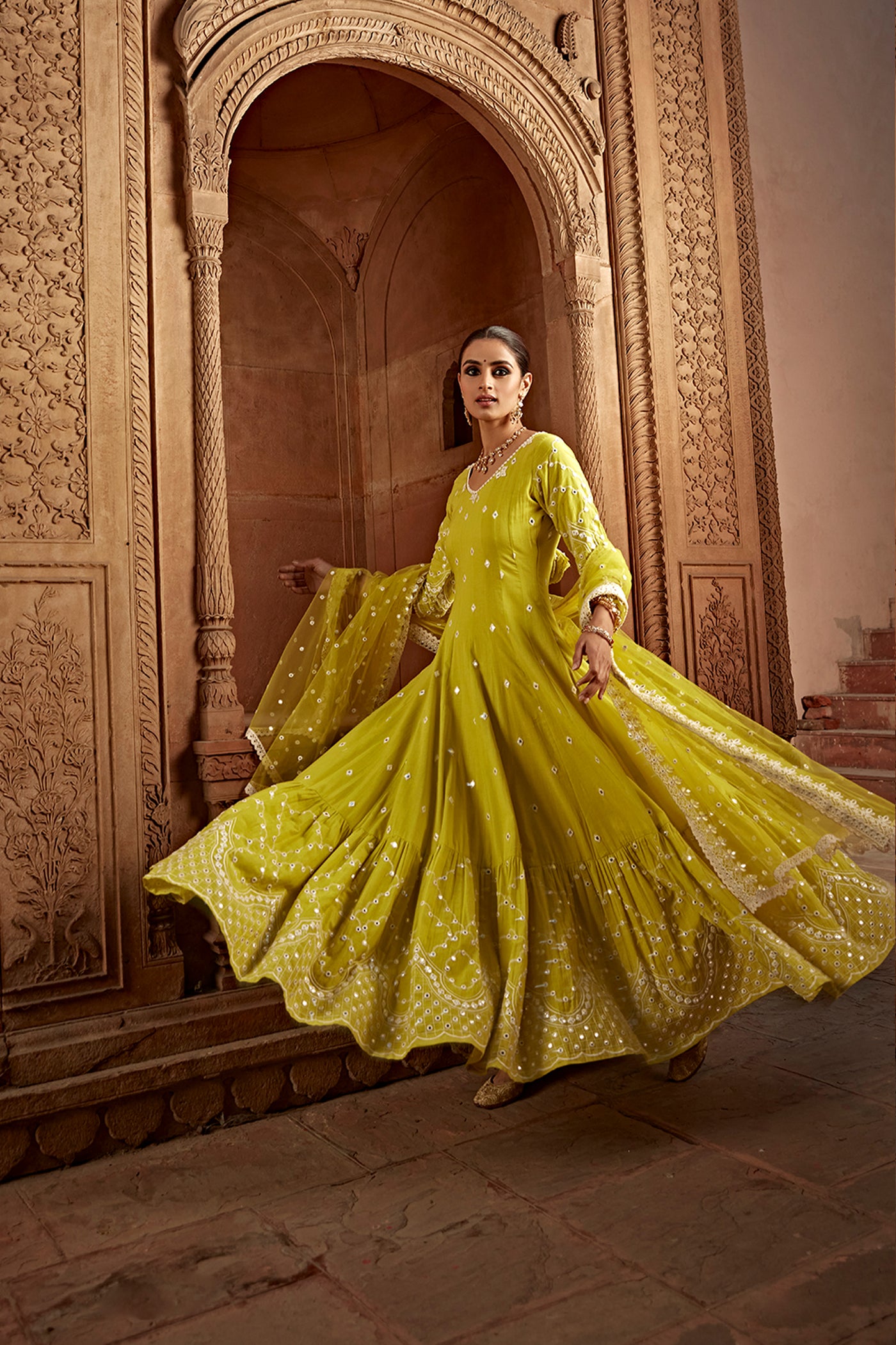 Preevin Neon Green Barfi Anarkali with Embroidered Dupatta indian designer wear online shopping melange singapore
