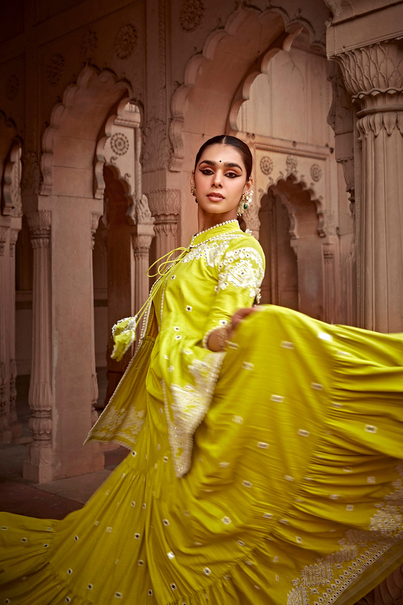 Preevin Neon Green Diamond Jacaket with Anarkali indian designer wear online shopping melange singapore