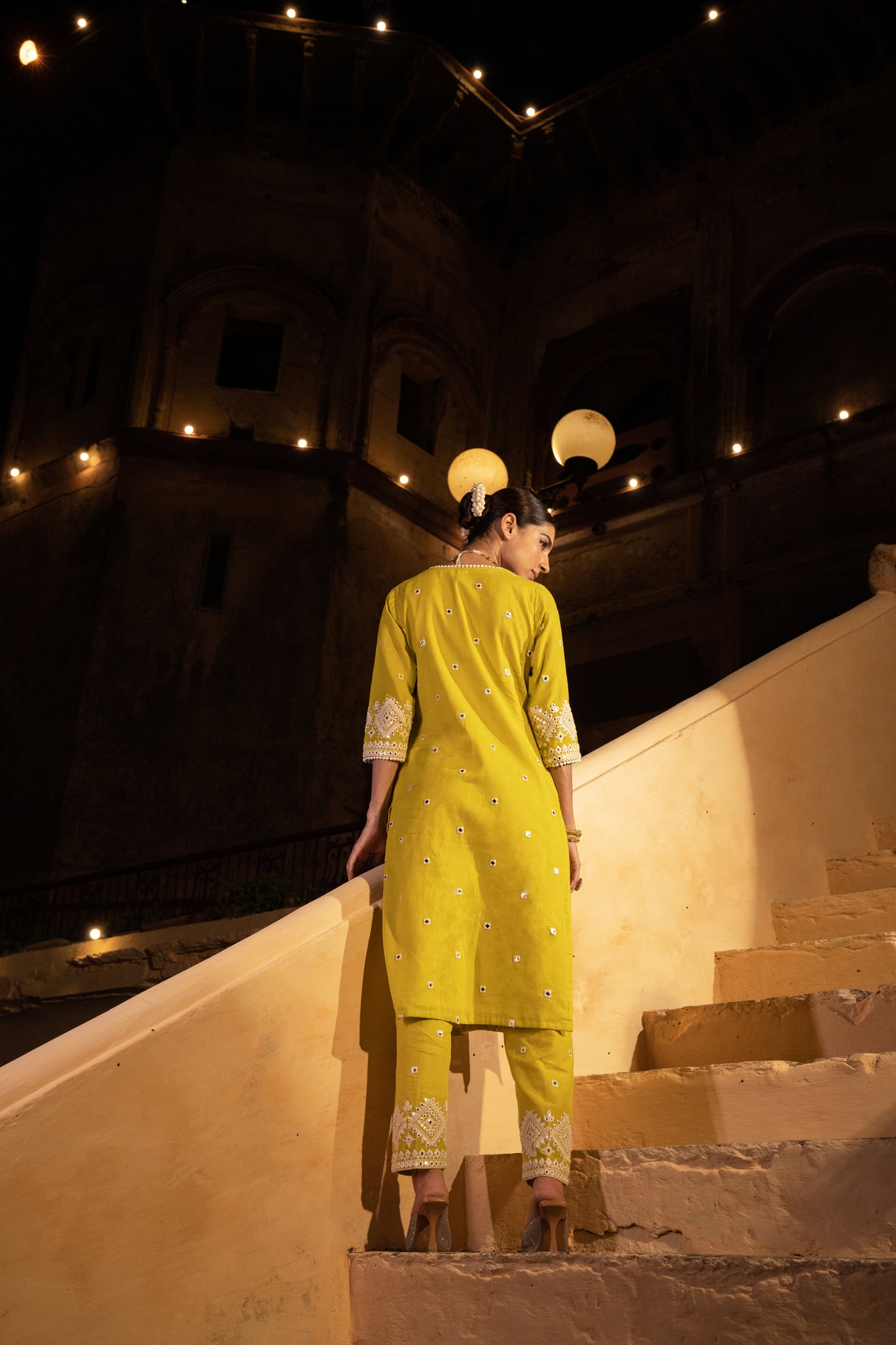 Preevin Neon Green Diamond Kurta With Pants indian designer wear online shopping melange singapore
