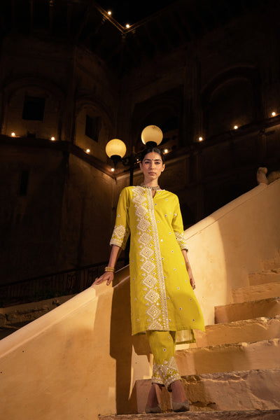 Preevin Neon Green Diamond Kurta With Pants indian designer wear online shopping melange singapore
