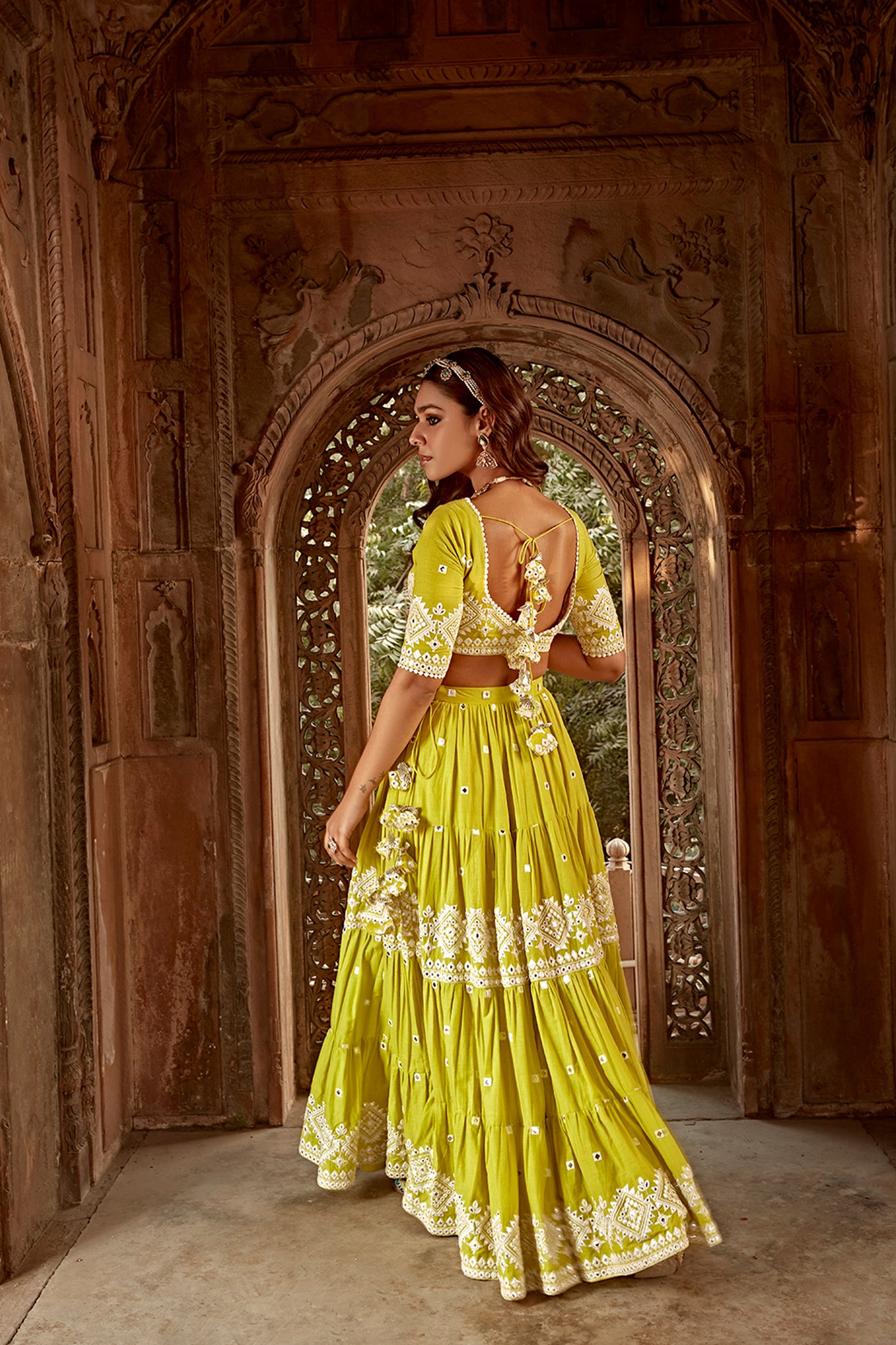 Neon Green Diamond Lehenga with Embroidered Dupatta