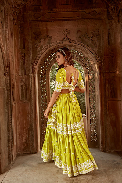 Neon Green Diamond Lehenga with Embroidered Dupatta