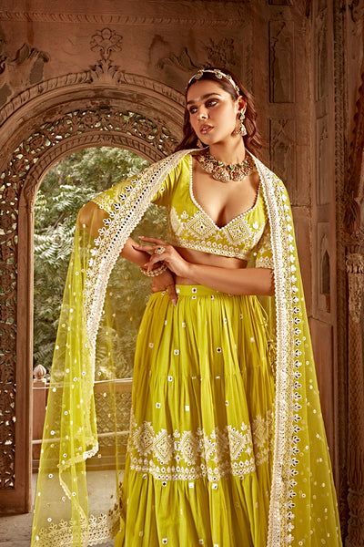 Neon Green Diamond Lehenga with Embroidered Dupatta