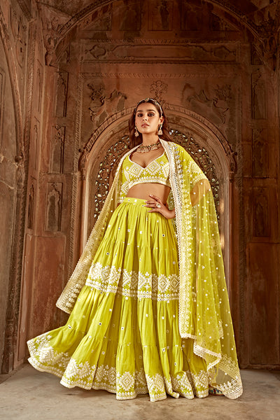 Blouse: Padded/Cotton Mulmul.  Skirt: Cotton Mulmul.  Dupatta: Tule/Butterfly Net