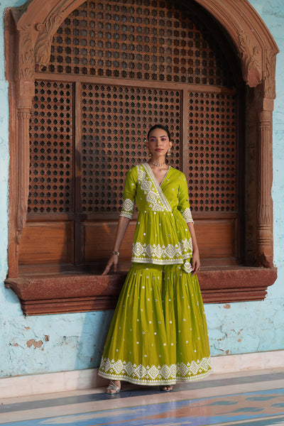 Preevin Neon Green Diamond Peplum Sharara indian designer wear online shopping melange singapore