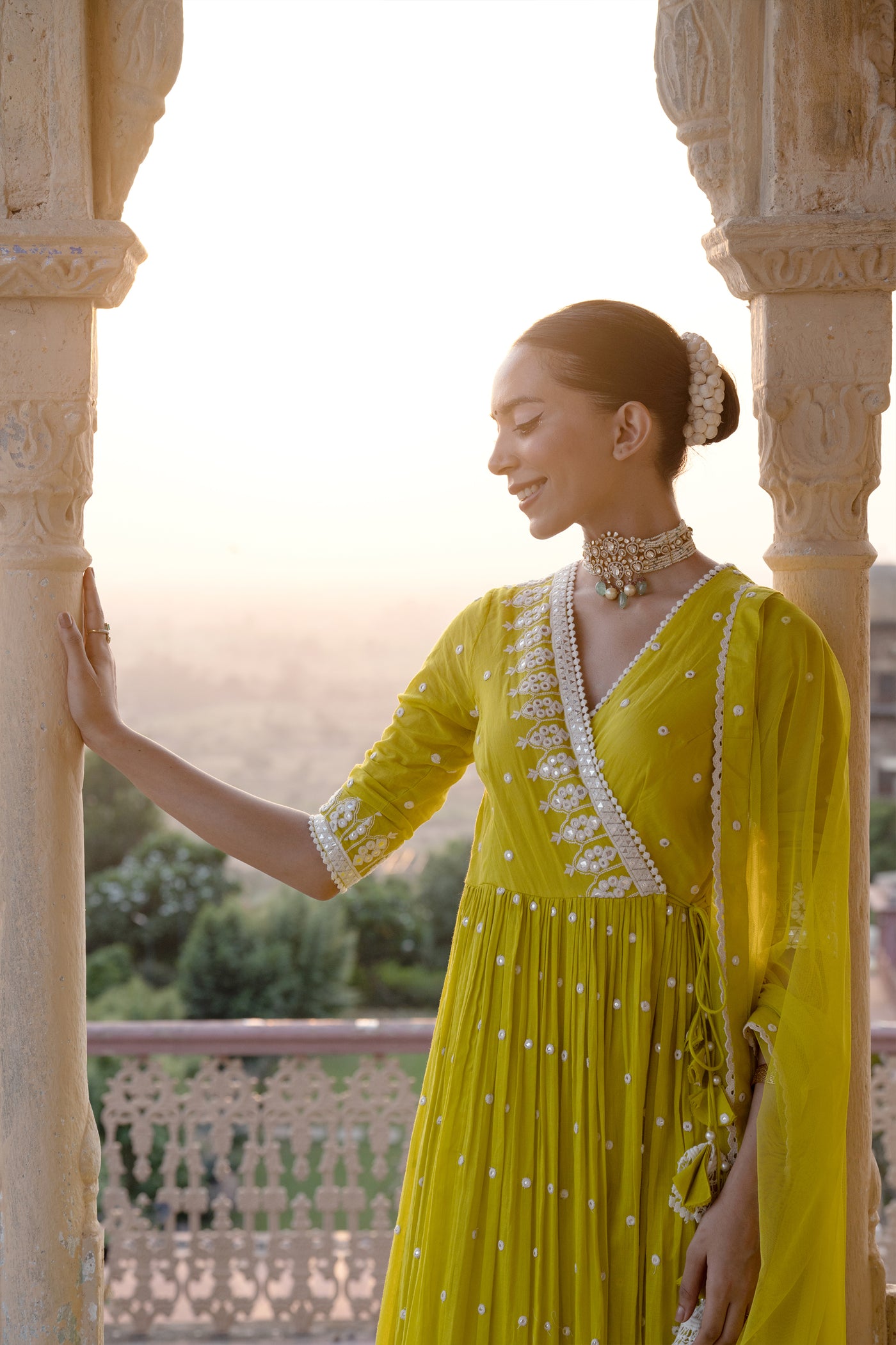 Preevin Neon Green Triangle Angrakha indian designer wear online shopping melange singapore