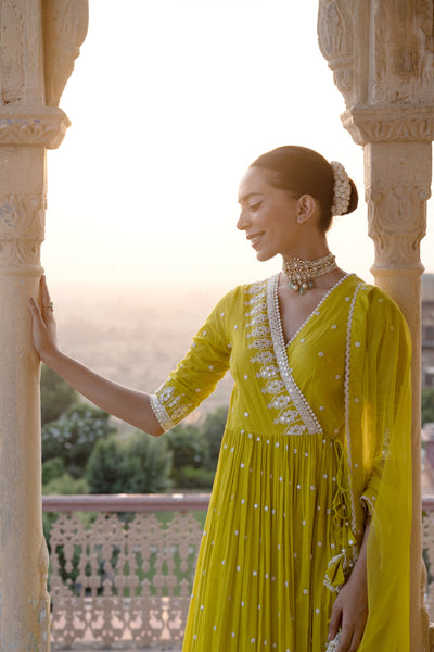 Preevin Neon Green Triangle Angrakha indian designer wear online shopping melange singapore