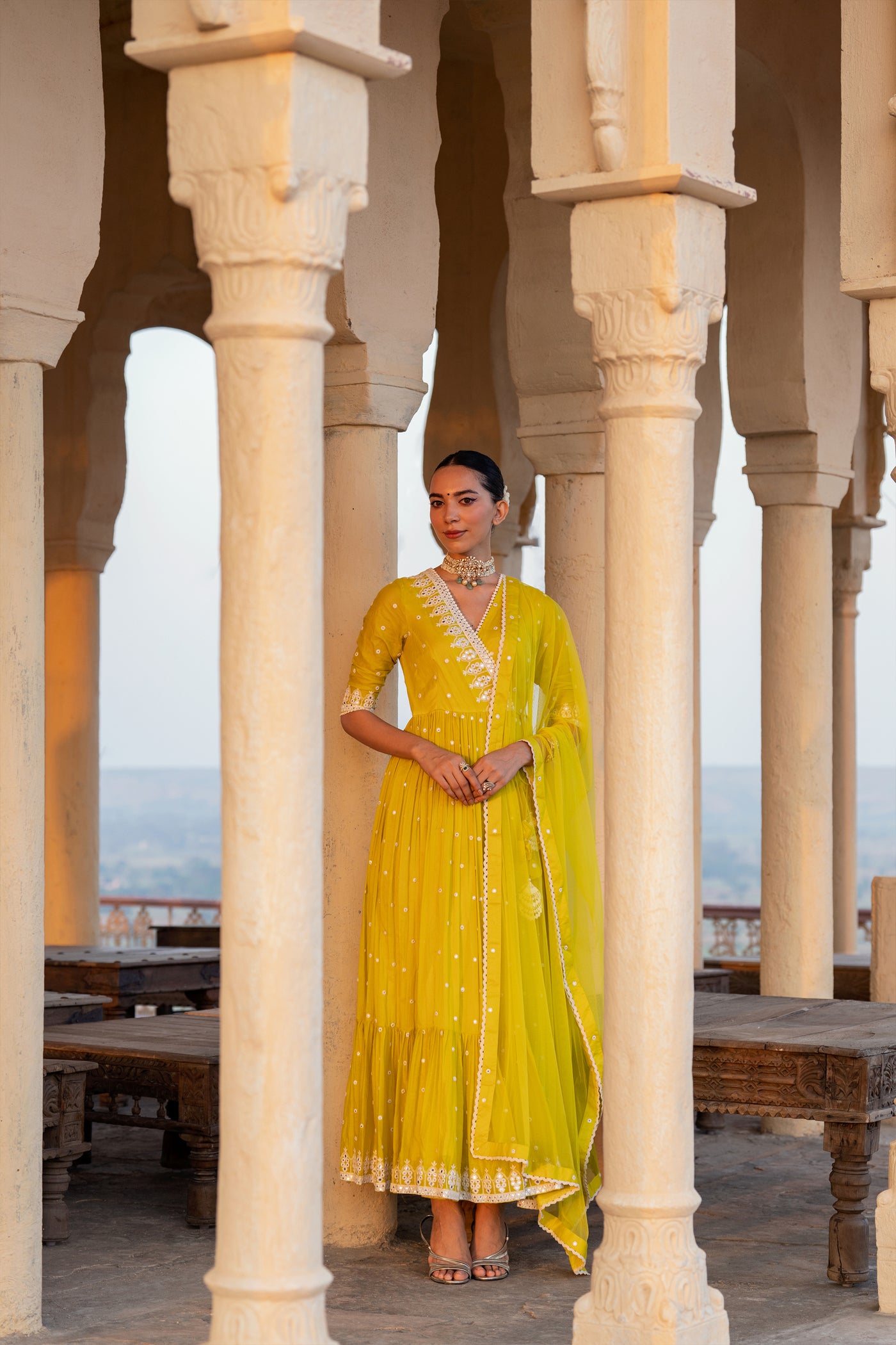 Preevin Neon Green Triangle Angrakha indian designer wear online shopping melange singapore