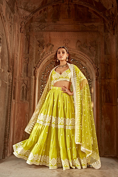 Preevin Neon Green Triangle Lehenga With Embroidered Dupatta indian designer wear online shopping melange singapore