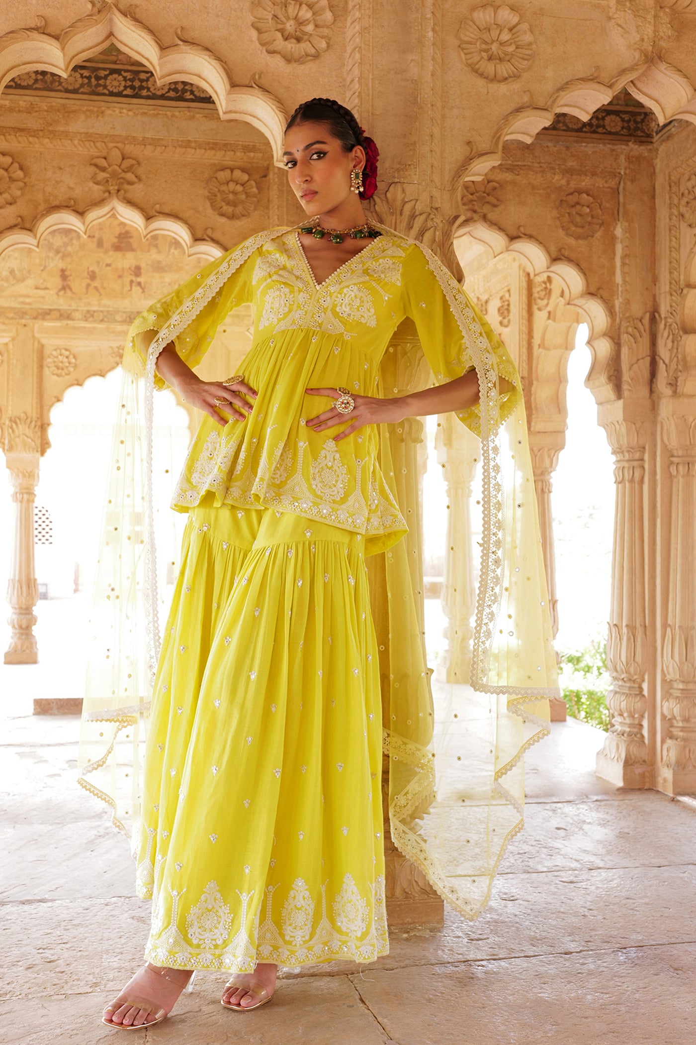 Neon Green All Over Embroidered Tower Peplum Sharara With Dupatta