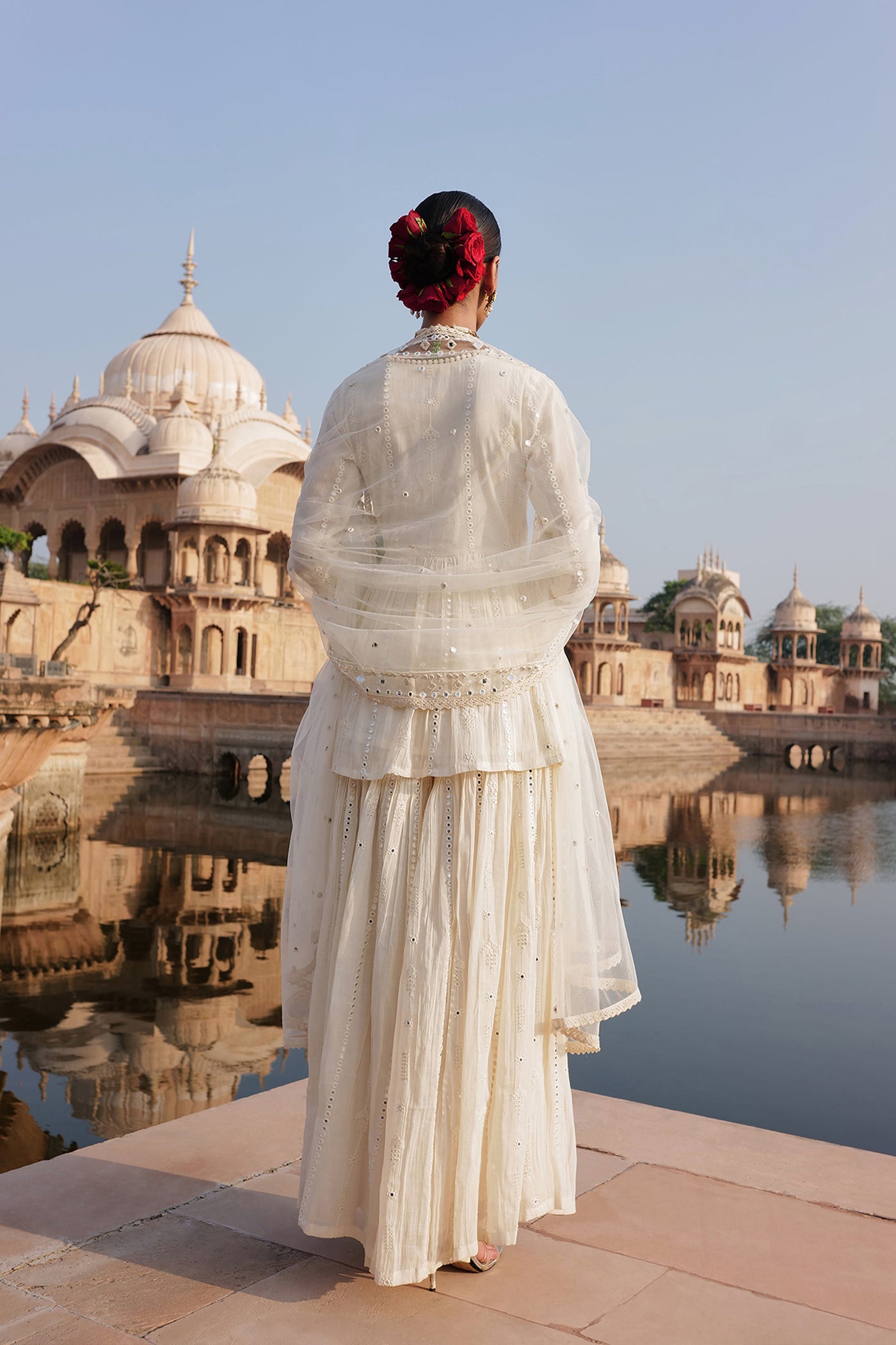 Preevin Off White Criss Cross Peplum Sharara With Line Embroidered Dupatta indian designer wear online shopping melange singapore