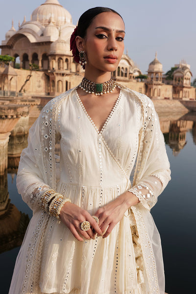 Preevin Off White Criss Cross Peplum Sharara With Line Embroidered Dupatta indian designer wear online shopping melange singapore