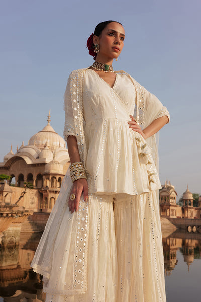 Preevin Off White Criss Cross Peplum Sharara With Line Embroidered Dupatta indian designer wear online shopping melange singapore