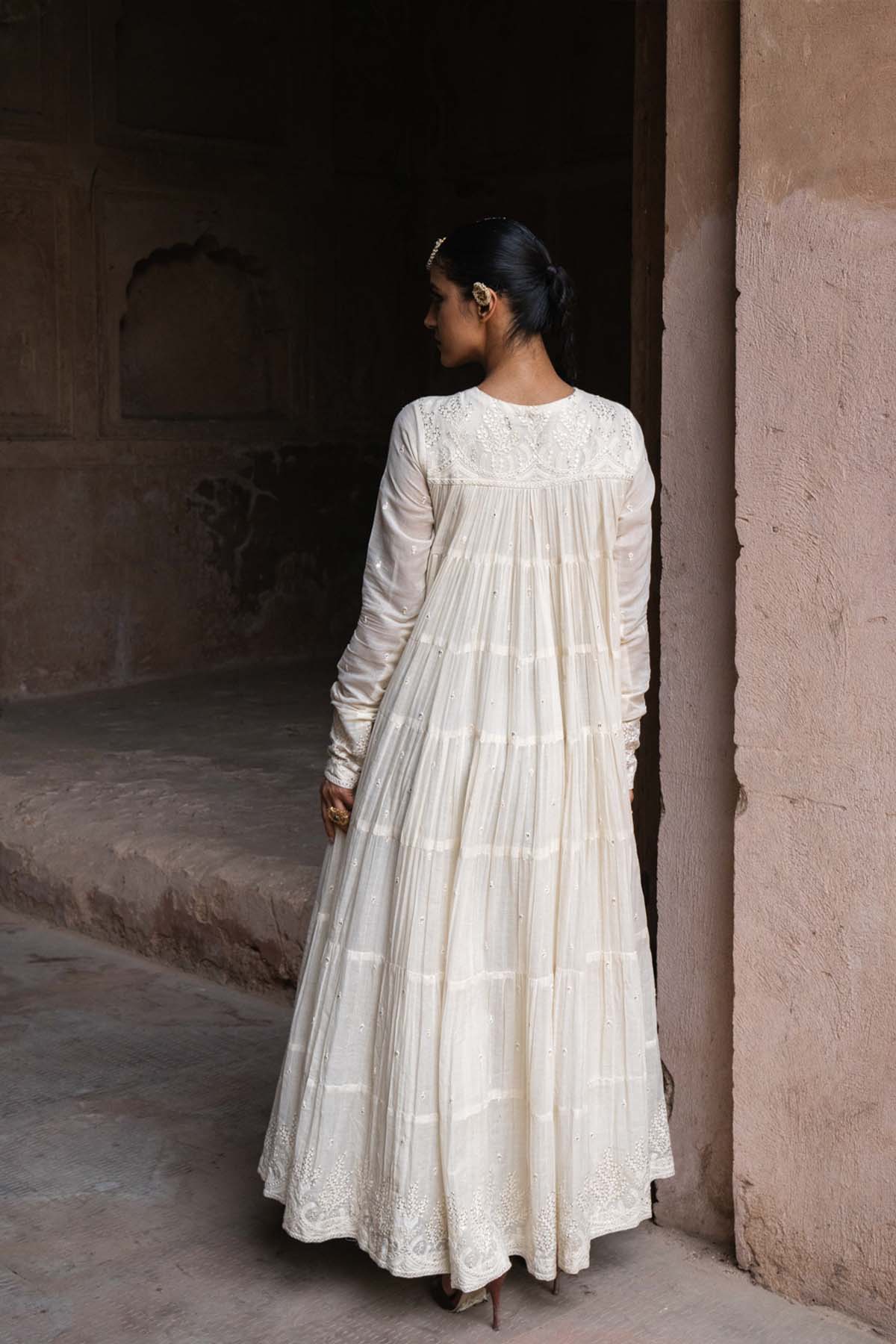 Preevin Off White 8 Layer Forest All Over Embroidered Anarkali indian designer wear online shopping melange singapore 
