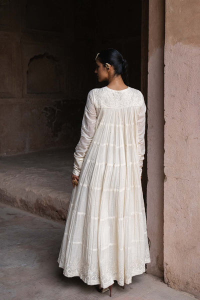 Preevin Off White 8 Layer Forest All Over Embroidered Anarkali indian designer wear online shopping melange singapore 