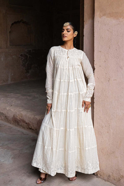Preevin Off White 8 Layer Forest All Over Embroidered Anarkali indian designer wear online shopping melange singapore 