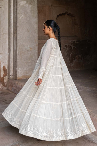 Preevin Off White 8 Layer Forest All Over Embroidered Anarkali indian designer wear online shopping melange singapore 
