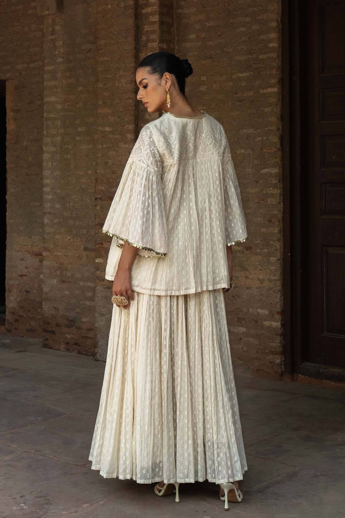 Preevin Off White All Gathers Forest Embroidered Top With Skirt indian designer wear online shopping melange singapore 