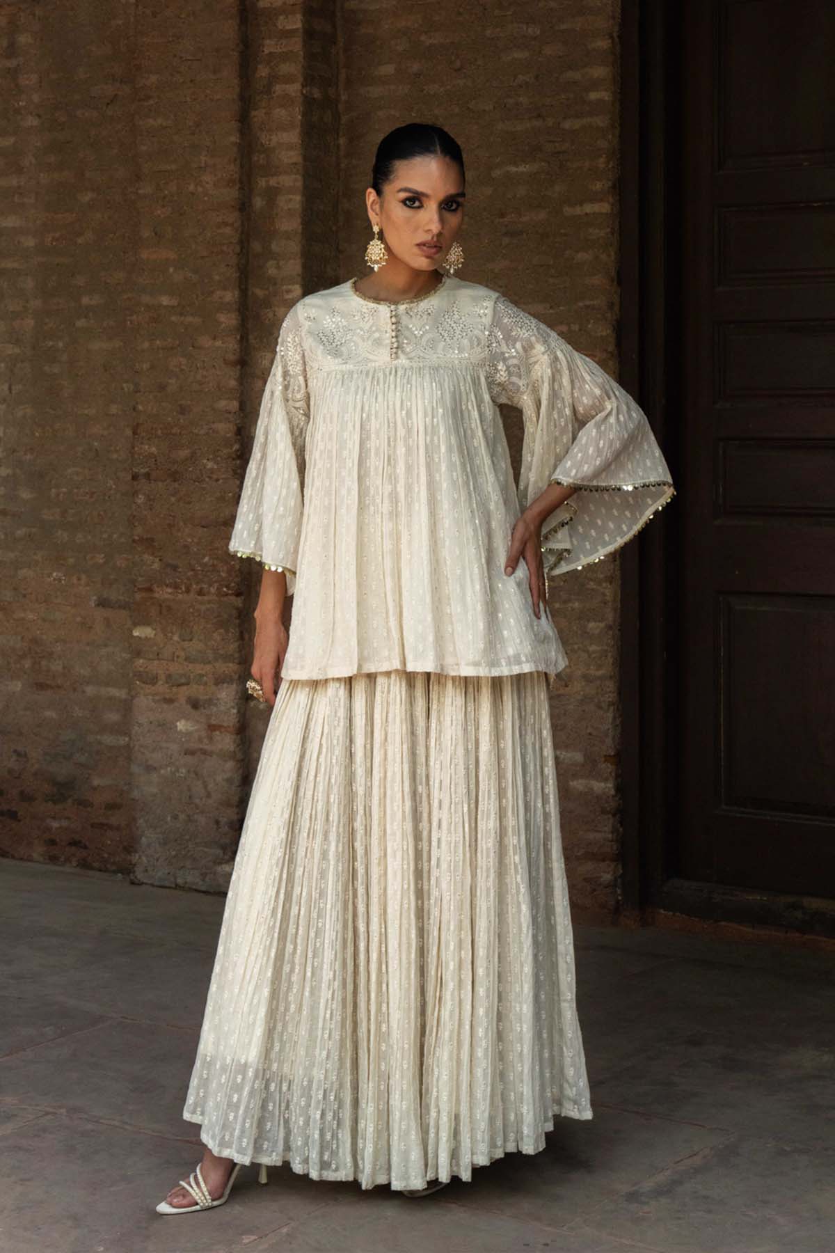 Preevin Off White All Gathers Forest Embroidered Top With Skirt indian designer wear online shopping melange singapore 