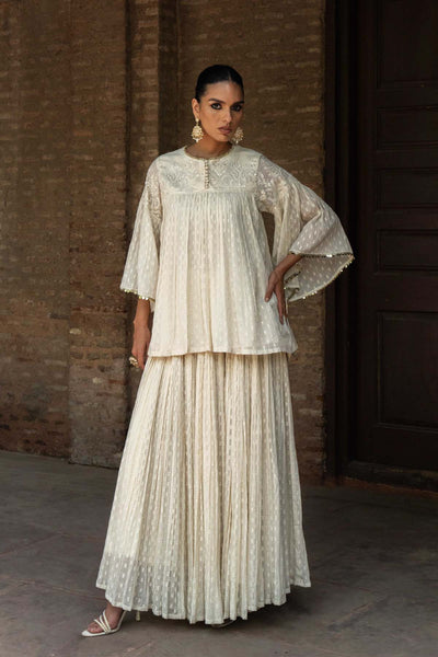 Preevin Off White All Gathers Forest Embroidered Top With Skirt indian designer wear online shopping melange singapore 