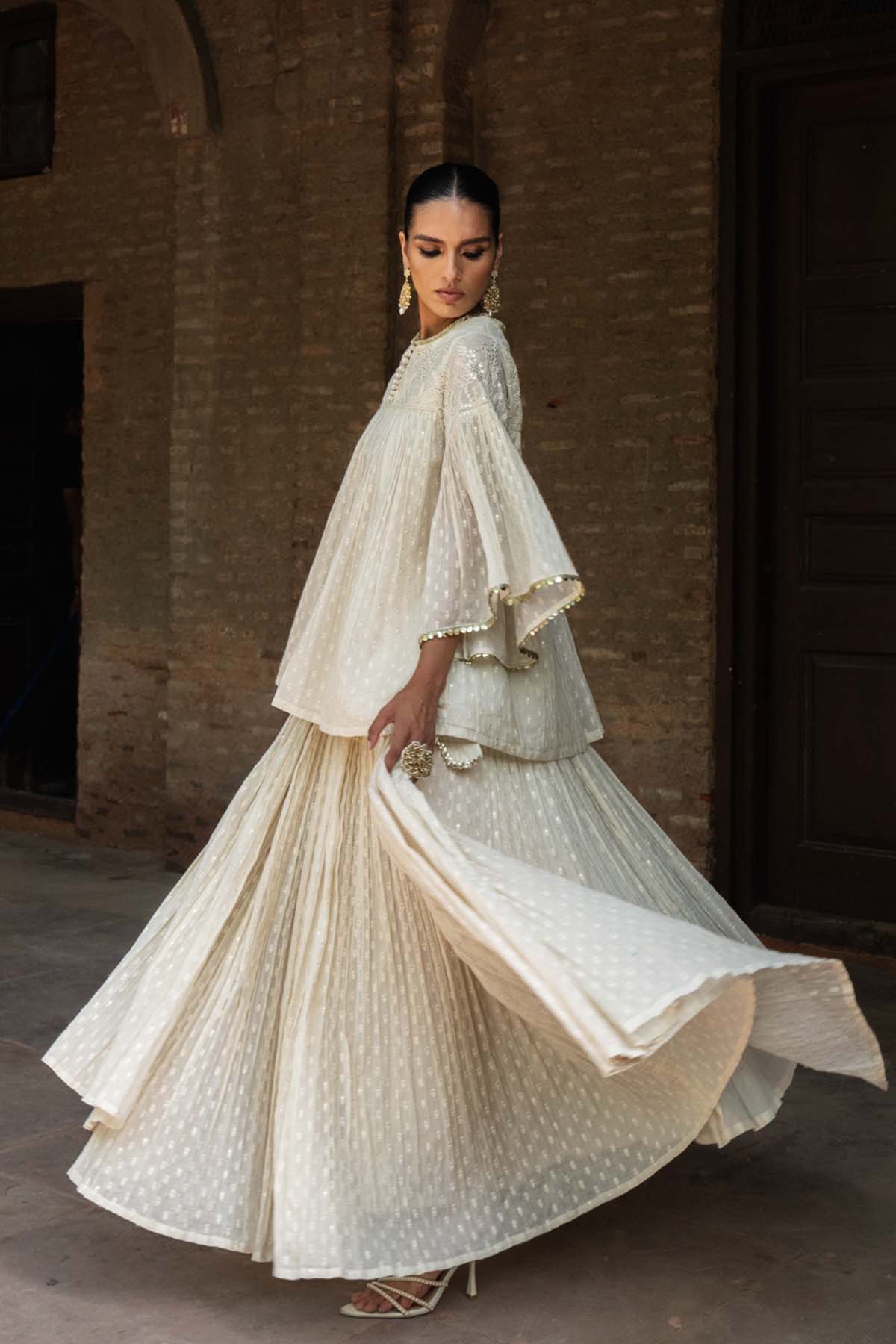 Preevin Off White All Gathers Forest Embroidered Top With Skirt indian designer wear online shopping melange singapore 