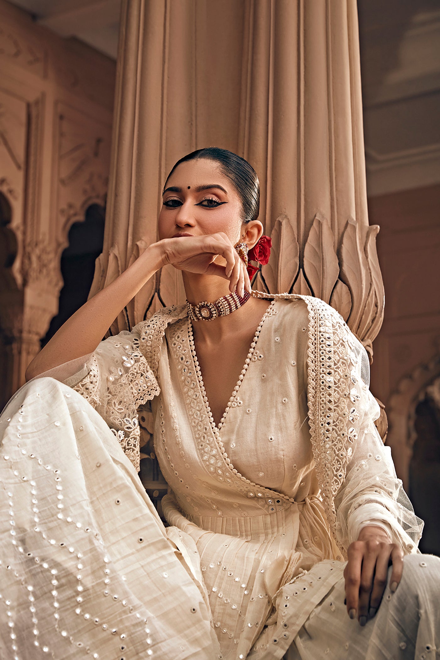 Preevin Off White All Over Zig Zag Peplum Sharara indian designer wear online shopping melange singapore