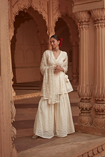 Preevin Off White All Over Zig Zag Peplum Sharara indian designer wear online shopping melange singapore