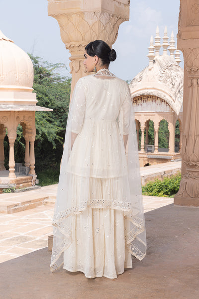 Preevin Off White Bk All Over Embroidered Peplum Sharara With Dupatta indian designer wear online shopping melange singapore